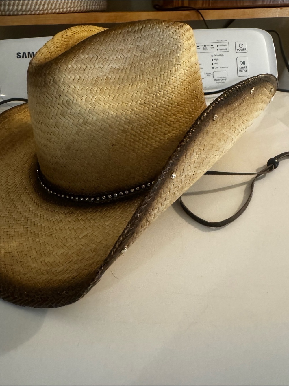 Women’s Straw Cowboy Hat in Tan with Dark Brown Trim - Picture 11 of 15